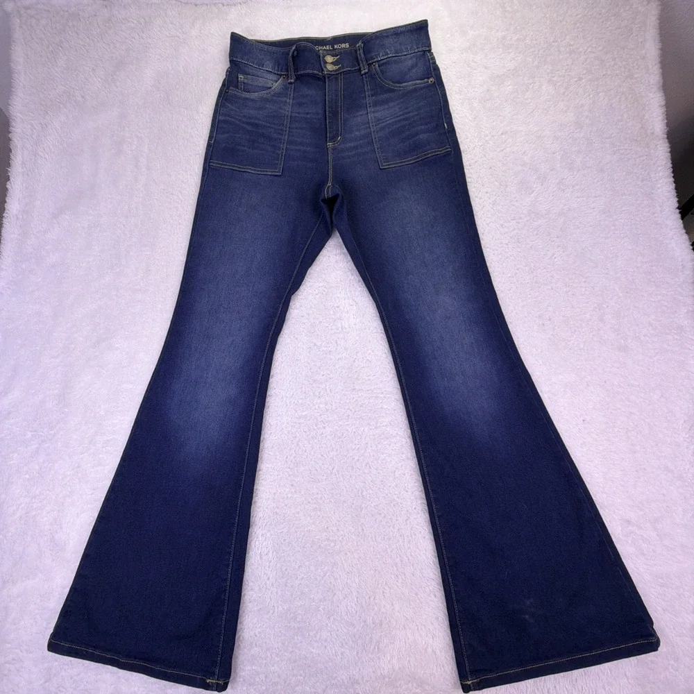 Michael Kors Women 10 (30x32) Jeans Flare High Rise Dark Blue Denim Stretch